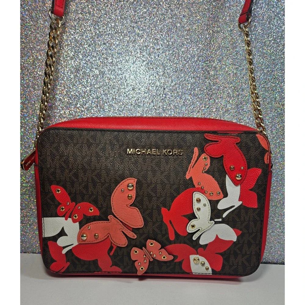 Michael Kors MK Limited Edition Butterfly Crossbody Bag Monogram Logo Gold Chain